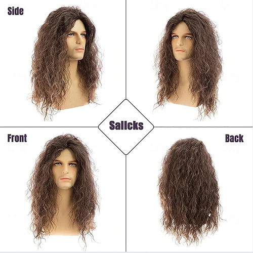 Imagen 2 del producto HAIRJOY Peluca sintética larga y rizada de color marrón para hombre, peluca de disfraz de rockero de los años 70 y 80, pelucas para fiesta de Halloween