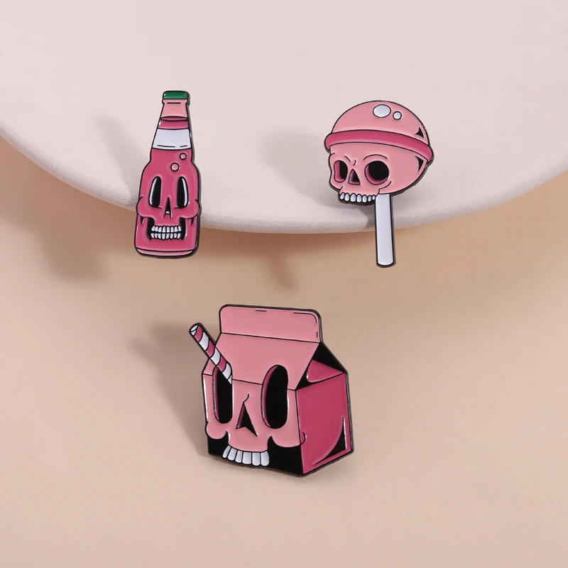Halloween Skull Candy Lollipop Enamel Pins Goth Skeleton Soda Drink Jiuce Spooky Brooches Lapel Badge Jewelry Gifts for Friends