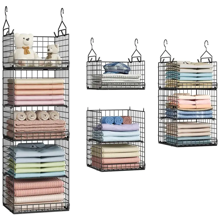 

5-уровневый подвесной органайзер для шкафа и хранения, разборные подвесные полки для шкафа с 4 крючками, 2 регулируемыми разделителями, проволочная полка для хранения