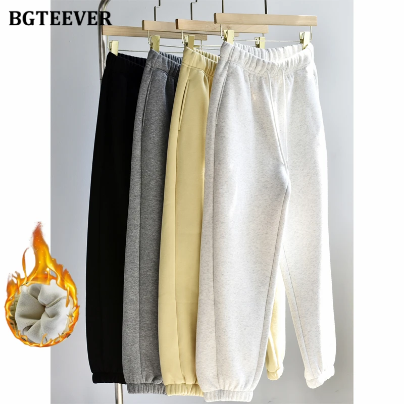 BGTEEVER Autumn Winter Thicken Warm Ladies Drawstring Pants Casual Elastic High Waist Female Velvet Sweatpants