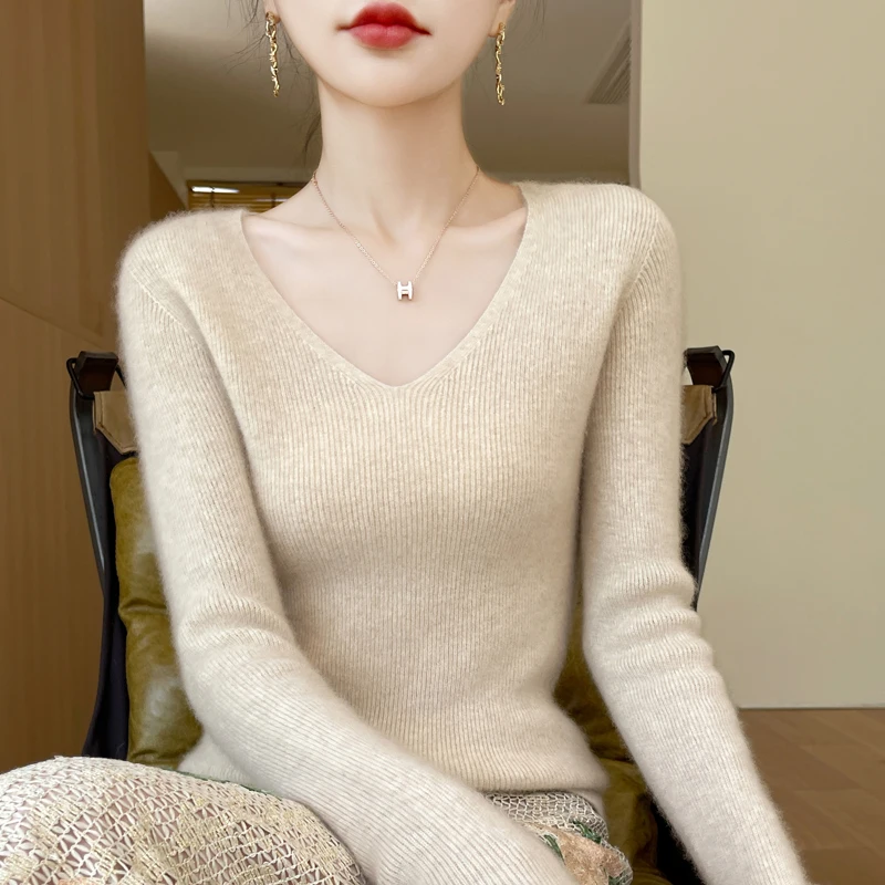 New Autumn And Winter V-Neck Pullover Sweater, Skin-Friendly, Highly Elastic Solid-Color Knitted Long-Sleeved Women's Top-GH459