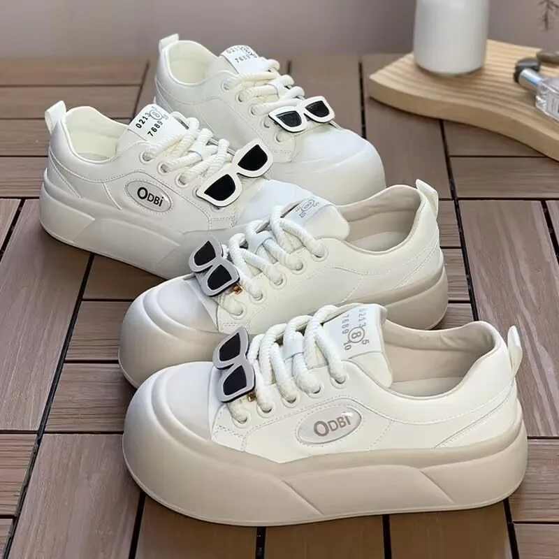 Designer Women Leather Platform Casual Shoes Fashion Solid Color Chunky Heel Sneakers Flat Sports Shoes Female Zapatillas Mujer