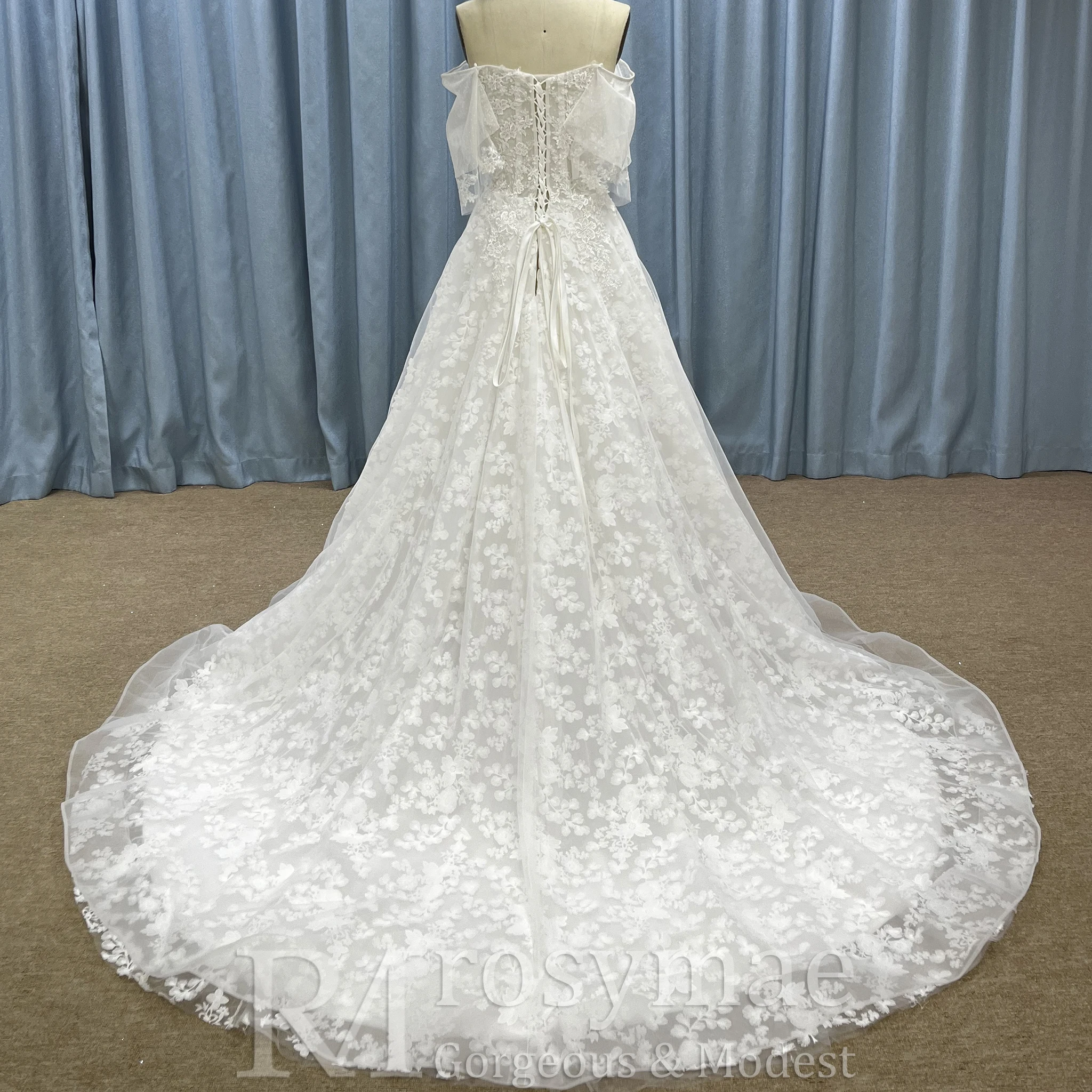 Rosymae خارج على الكتف الأزهار الدانتيل الكرة ثوب الزفاف فستان أنيق كم طويل فستان زفاف أبيض vestidos de boda para fiestas