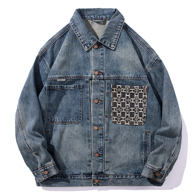 Vintage embroidery pocket denim jacket men's street fashion Korean styleinsloose cargo washed nostalgic Y2K clothes