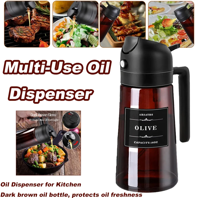 470ML Dark Green Oil Dispenser Bottle with Light Blocking Dark Oil Sprayer for Cooking Kitchen 2 in 1 Olive Oil Dispenser
