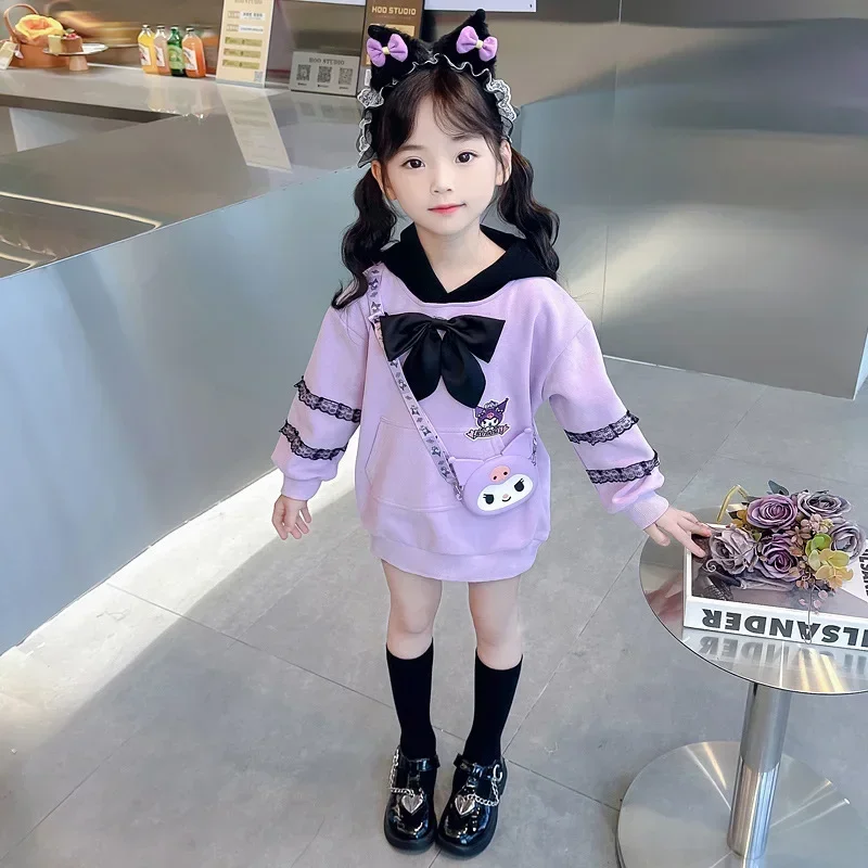 

Spring Autumn Girls Kawaii Sanrio Long Sleeve Hoodie Skirt Cute Kuromi Headwear Bag Children Cotton Dress Princess Clothing Gift