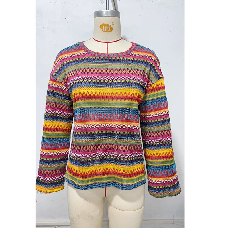 Nueva Blusa Estampada Arcoíris de Otoño Invierno para Mujer, Camisas de Manga Larga, Sudaderas Tejidas con Estampado a Rayas, Tops de Punto para Mujer