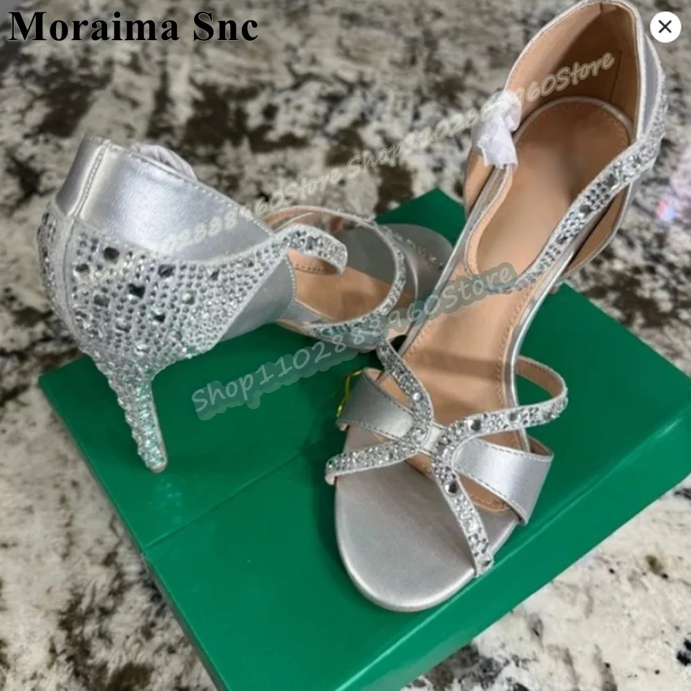 

Silver Sparkling Crystals Cross Strap Sandals Thin High Heel Shoes For Women Ankle Buckle Strap Open Toe Banquet Bling Sandals