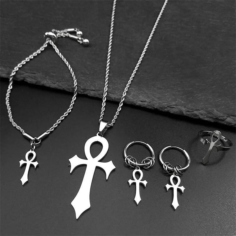 Stainless Steel Jewelry Set Cross Ankh Key of Life Egyptian Necklace Bracelet Ring Earring Egypt Hieroglyphs Crux Ansata Gifts