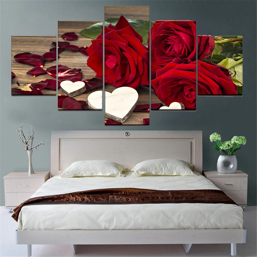 5 Pieces Wall Art Canvas Poster Painting Beautiful Roses Home Decoration Picture Print Modular Framework Living Room Wallpaper