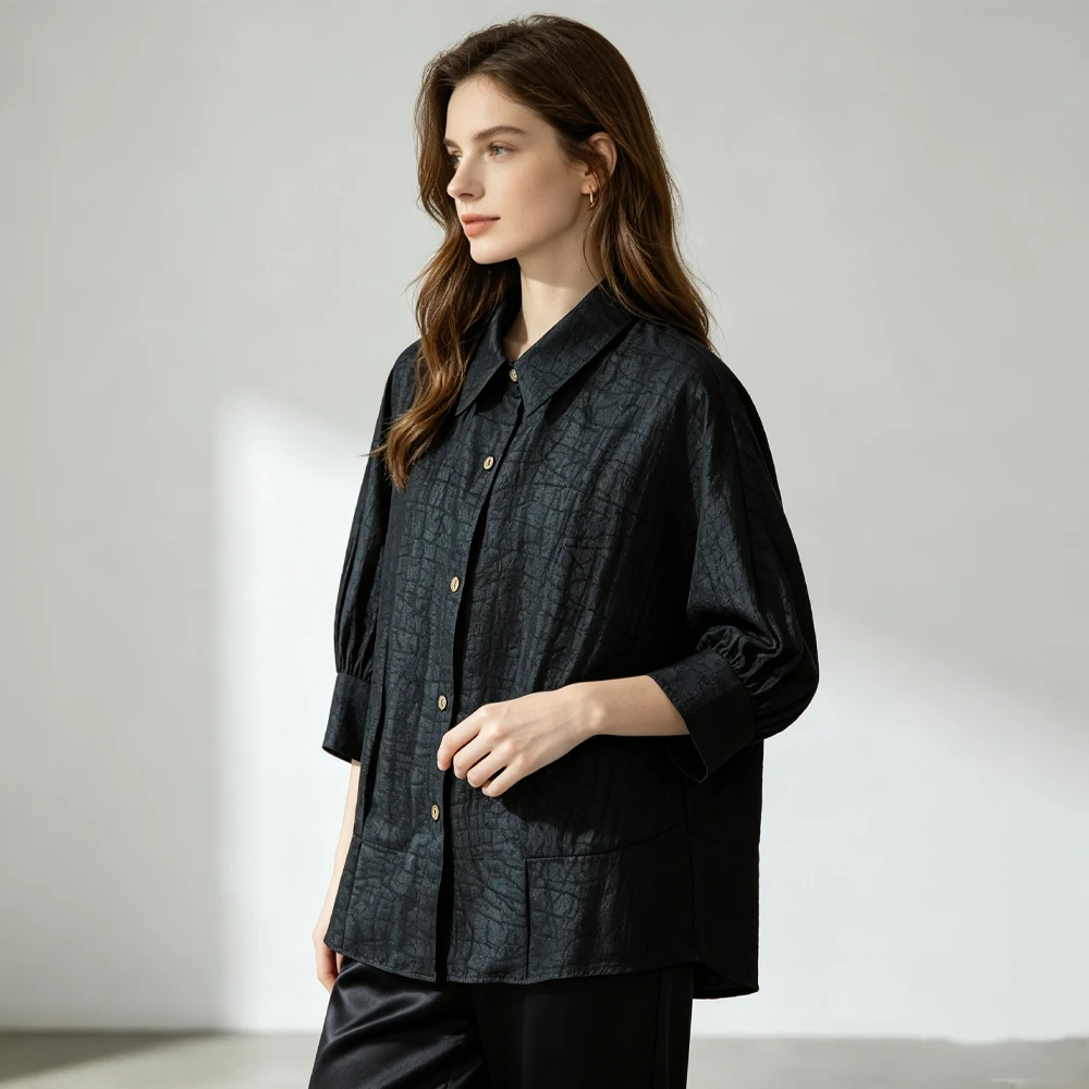 2026 Women's Fashion Autumn Clothing 40MM 100% Natural Mulberry Silk Crackle Pattern Gambiered Guangdong Gauze Lapel Jacket