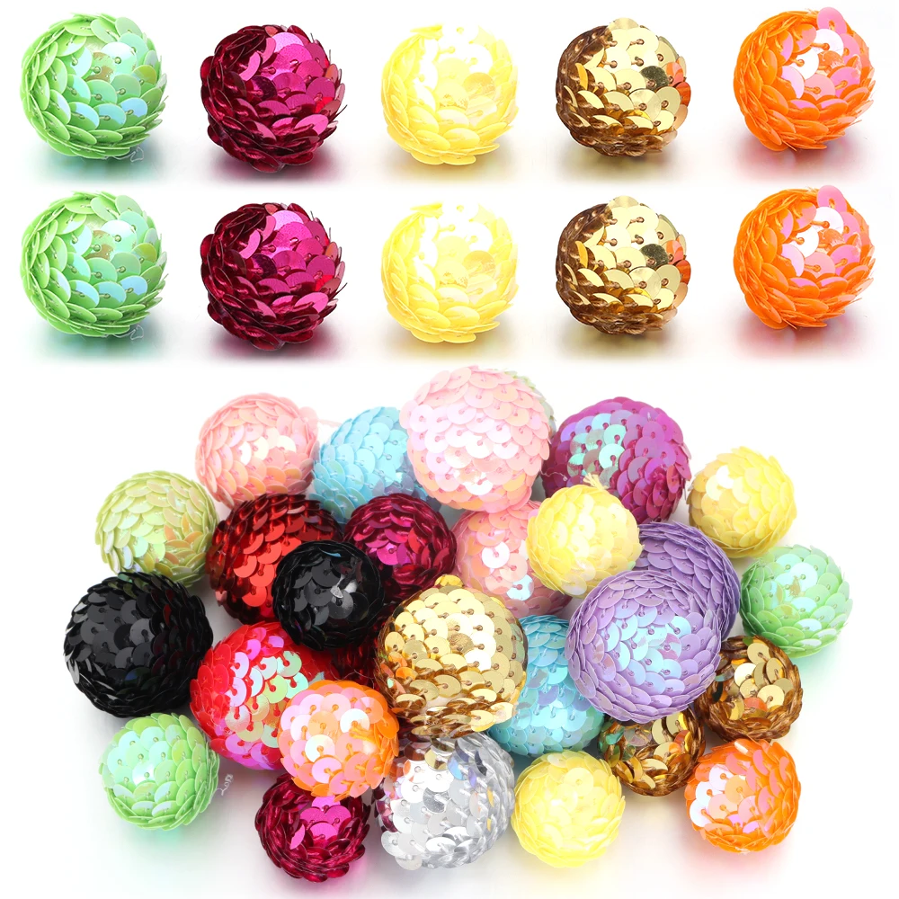 Lantejoulas Bola Flor Beads para Artesanato DIY, Lantejoula Exterior, Espuma Interna, Handmade Vestuário, Ornamento Making, 10 Pçs/lote, 20mm, 30mm