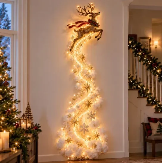 Weihnachtliche Magische Wandbeleuchtung - LED Leuchtende Weihnachtsszene Wanddekoration, Weihnachtsmann-Schlitten Rentier Hängedekoration für Partys – Detail 3