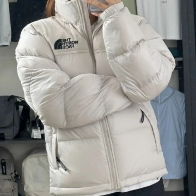 The North Face Nuptse FW23 ONBALL Unisex Stand Collar Jacket Stowable Hood Solid Beige Winter Outdoor Cotton Coat