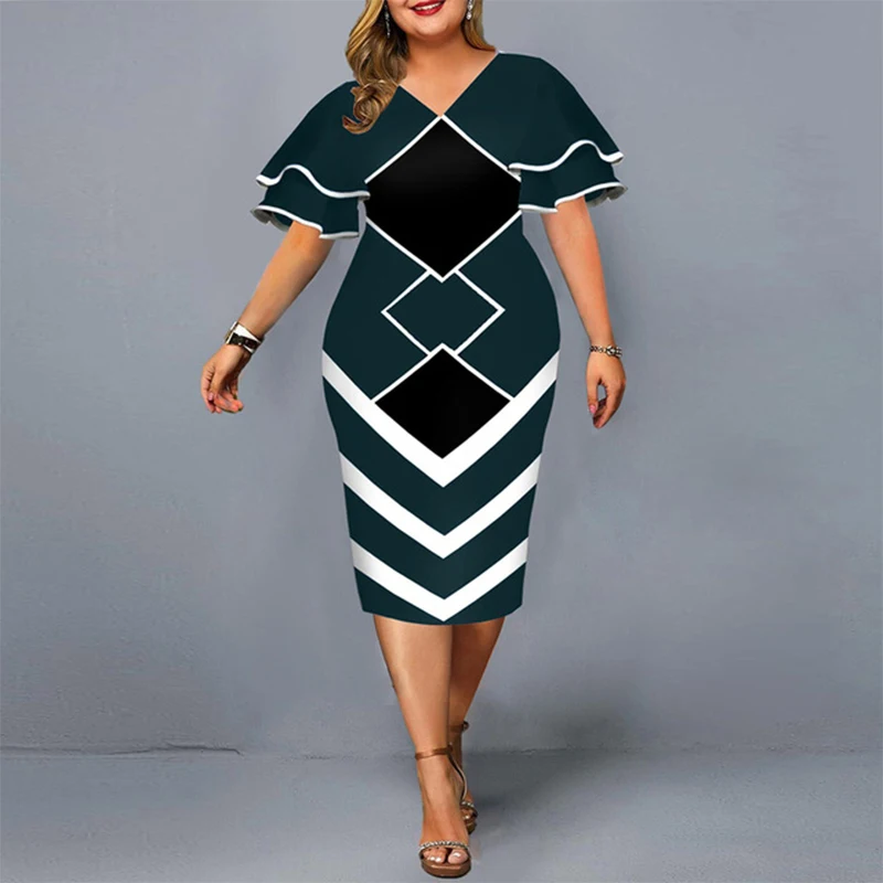 Summer Autumn Plus Size Fashion Elegant Design Package Hip Dress Women Ruffled Slim Geometric Dress Female Y2K Chic Party Dress