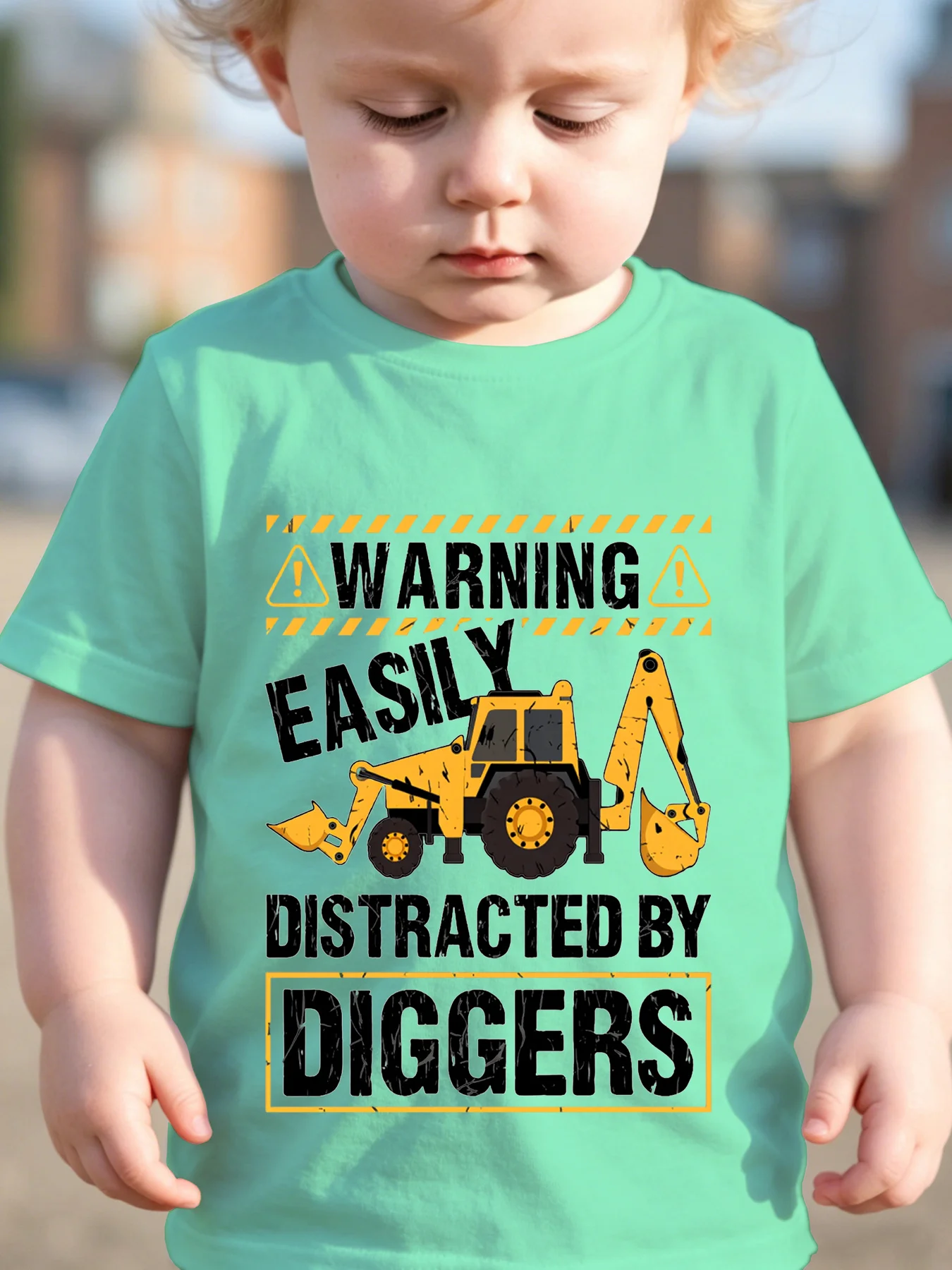 Boys Summer New Casual T‑Shirt Fun Warning Letter  Yellow Excavator Graphic Print Loose Crew Neck Short Sleeve Tee ForDaily Wear