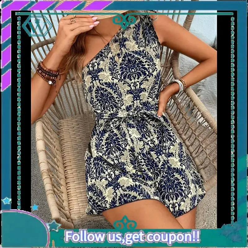 

A09P Women's One Shoulder Leaf Print Tie-Up Short Skirt Sleeveless Layered Hem Formal Dress Casual Mini Jumpsuit