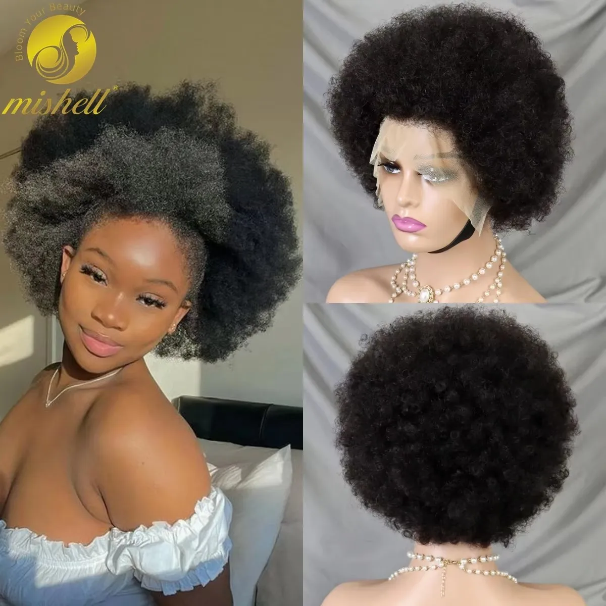 

Natural Afro Kinky Curly Human Hair Wigs 13x4 Transparent Full Lace Frontal Short Bob Wigs Natural PrePlucked Hairline for Women