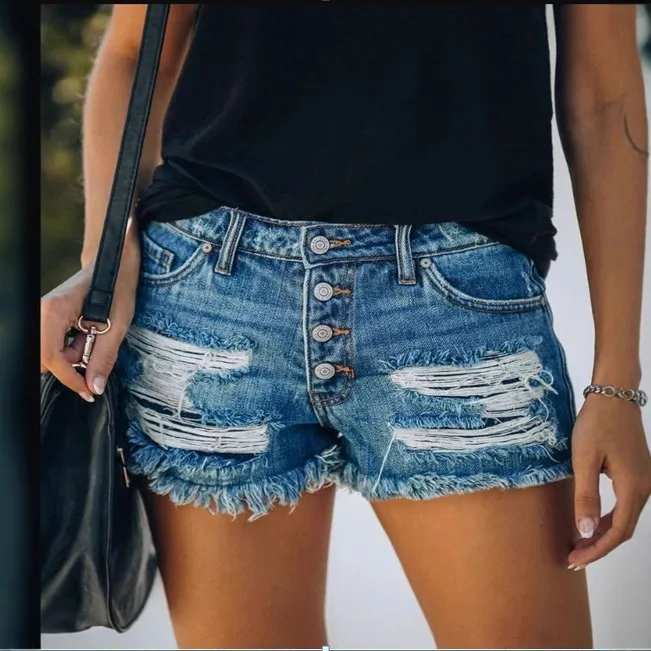 

Ripped Fringed Denim Shorts Straight-breasted Women's Hot Pants 2025 Europe and America