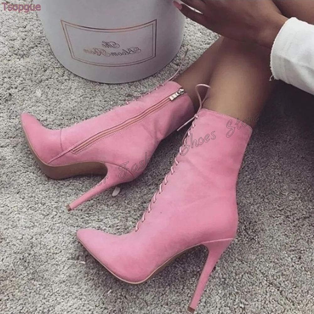 

Pink Lace up Side Zipper Boots Stilettos High Heels Pointed Toe High Heel Shoes for Women Heels 2024 New Zapatos Para Mujere