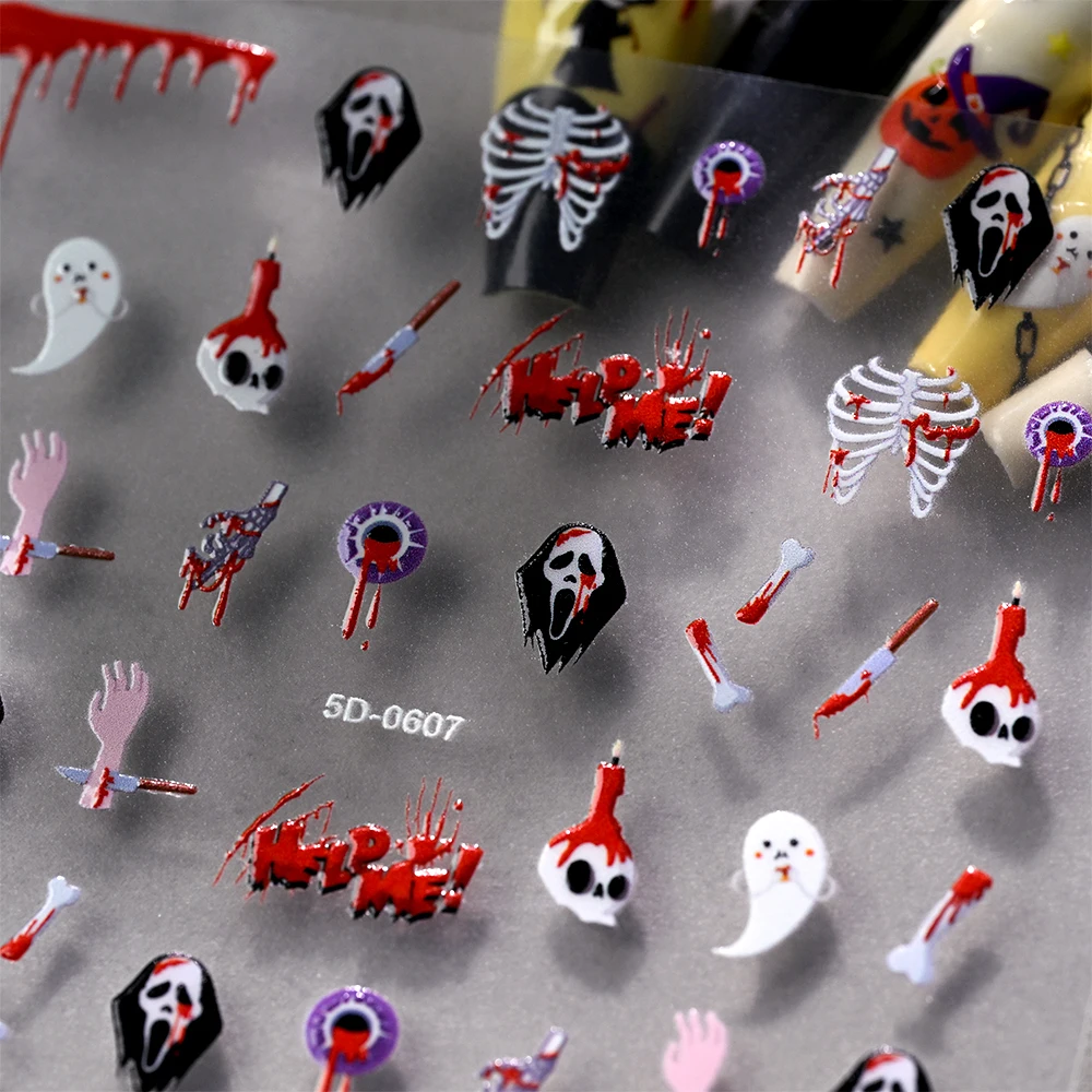 1개 5D 할로윈 네일 스티커 호박/빨간 눈알/해골/만다라 꽃 휴일 네일 아트 데칼 셀프 접착 매니큐어 슬라이더