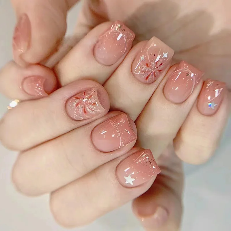 

24PCS Blush French Press-On Nails – Short Square Shape With Star & Firework Glitter Sweet Ins Style False Nail For Women Girl
