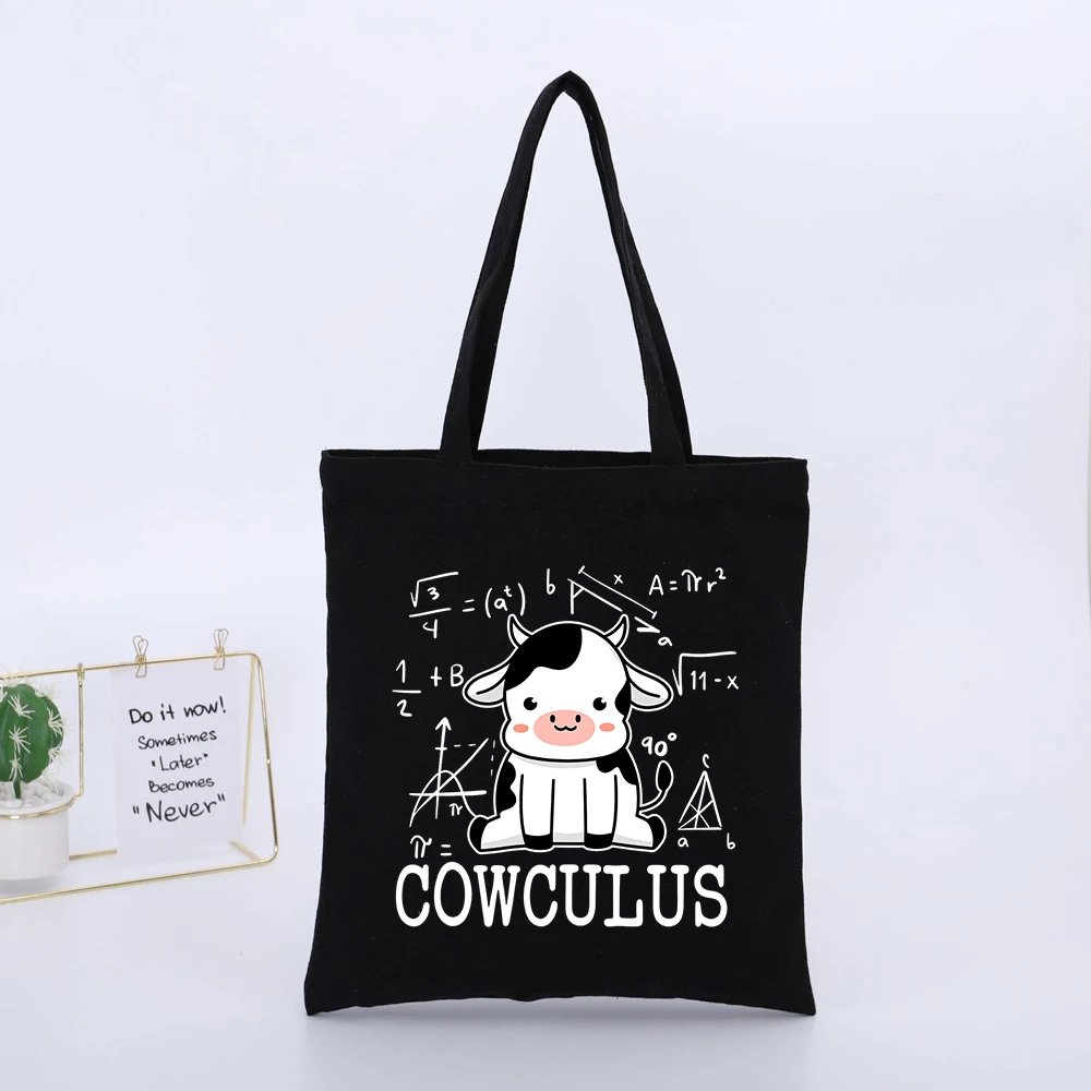 Cow and Math Symbols Print Canvas Tote Bag, Casual Style for Daily Shopping