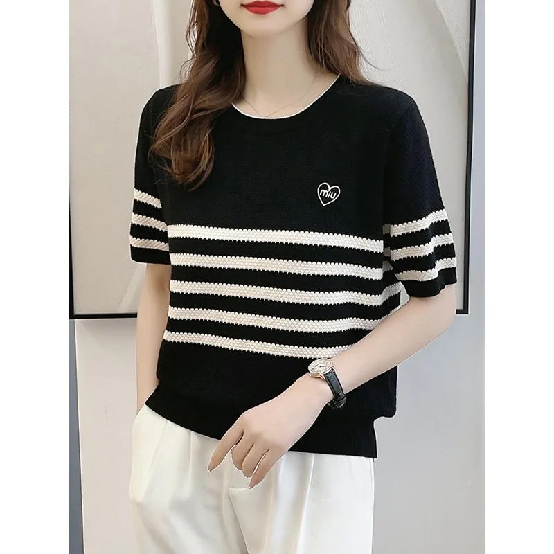 2023 Spring/Summer New Boutique Cashmere Embroidery Pullover Striped Short Sleeve Women\'s O-Neck Fashion Soft Pullover