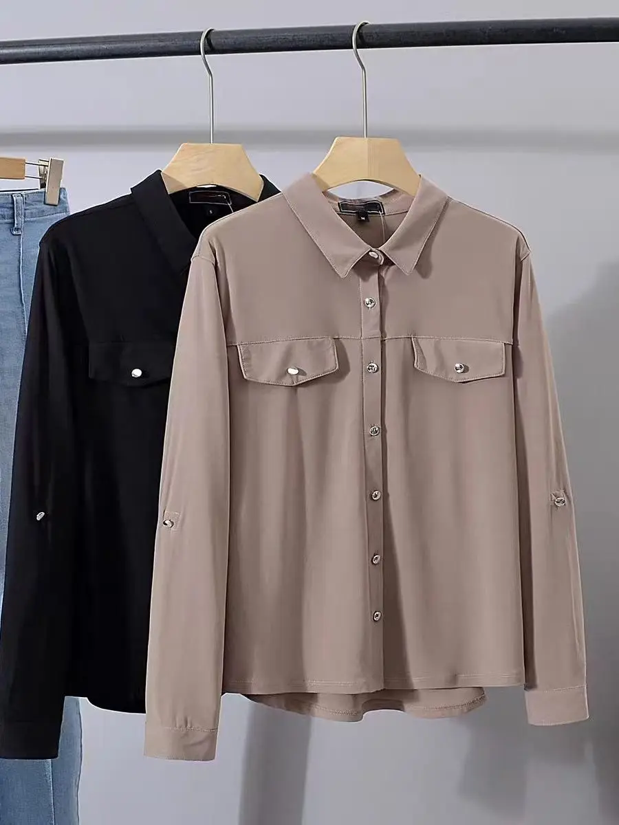 

Fashionable Workwear Style Long Sleeve Pure Color Casual Shirt Women's New Style Age-Defying Versatile Open Cardigan Blouse