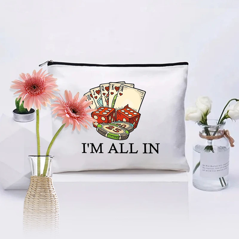 

I'm All in Pattern Cosmetic Pouch Casino Lover Gift Women Canvas Makeup Bag Funny Gambling Gifts Travel Poker Lipstick Bag