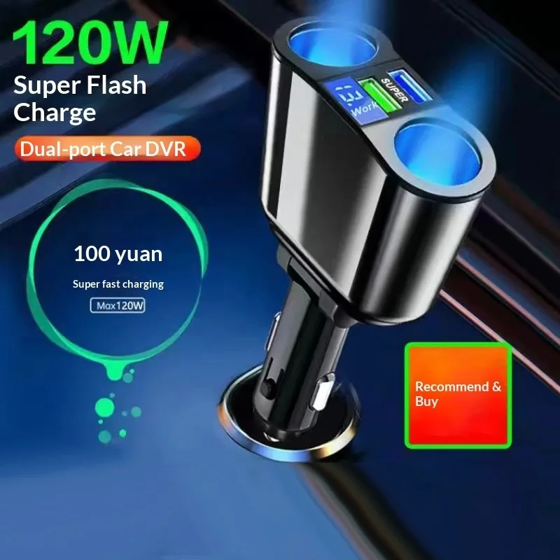12V/24V Car Charger 3-in-1 USB Fast Charging Adapter, Dual Cigarette Lighter Splitter Socket, Multi-Function