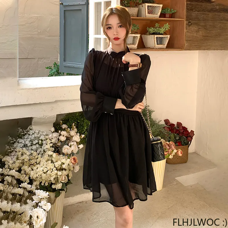 2023 New Chic Elegant Annual Meeting Black Mesh Sheer Dress Fashion Women Stand Collar French Design Long Dresses Vestidos