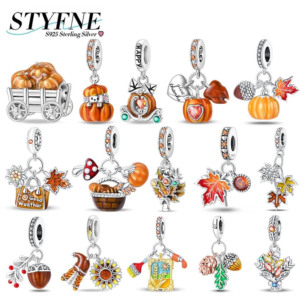 Charms 925 Silver Pumpkin Maple Leaf Pine Cone Sunflower Original Bracelet Womens in Autumn Sunset Beads DIY Fine Jewelry Gift