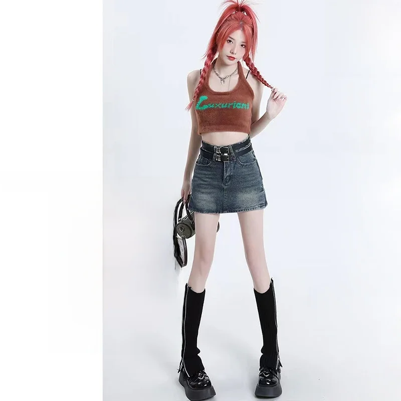 

High Waist Slit Denim Skirt Women's A-Line Skirt Spring 2025 New Sle Off Velvet Fabric Riding Ocn