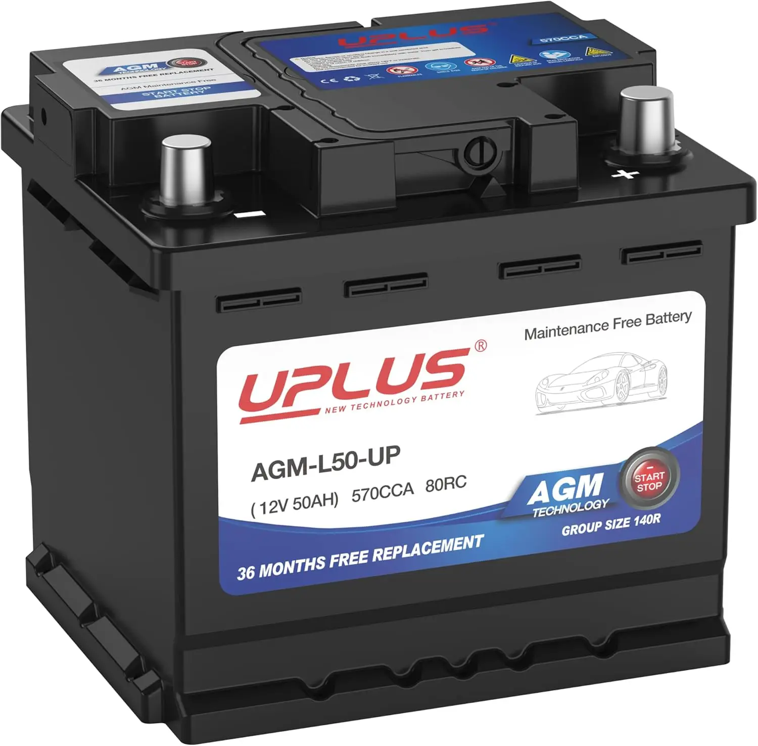 Group 140R Car Battery, AGM-L50-UP Maintenance Free 12V 50Ah Premium AGM Batteries H4 LN1 Automotive Battery