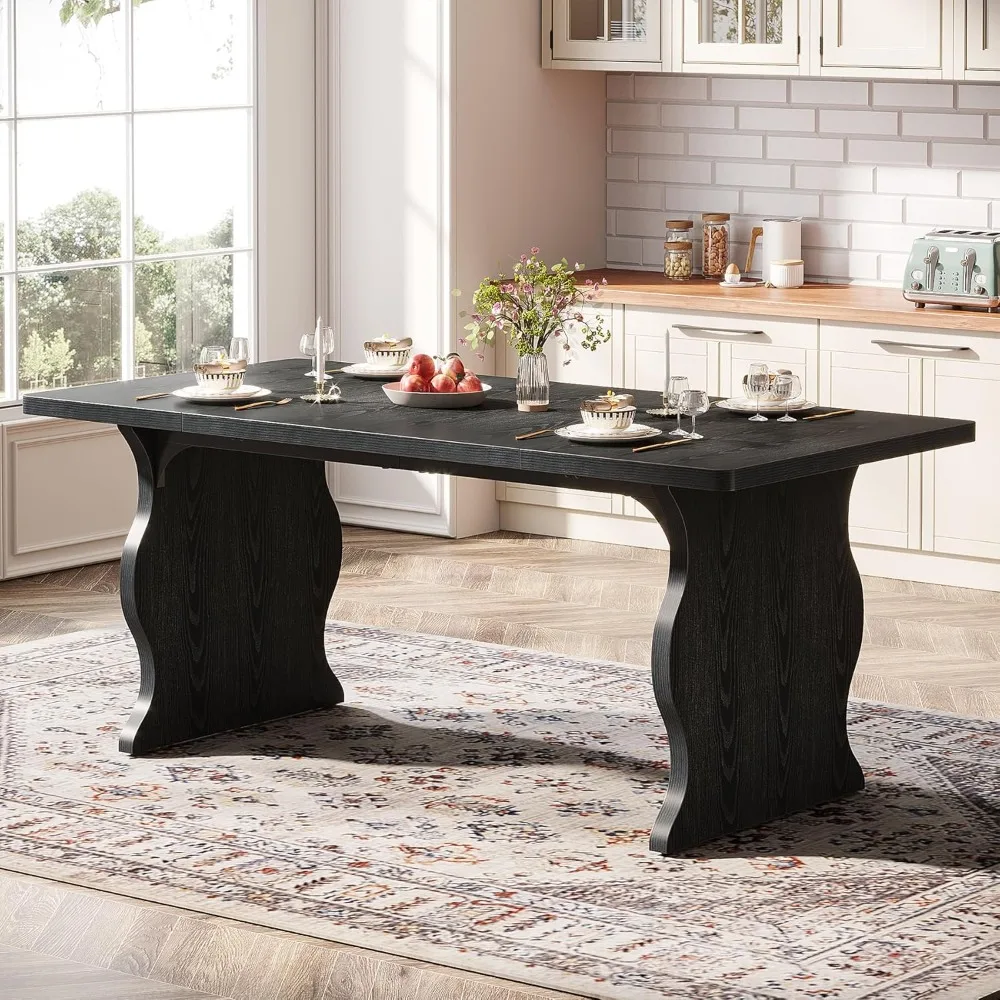 

Black Dining Table, for 4-6, 63-Inch Rectangular Modern Kitchen Table, Farmhouse Large Kitchen & Dining Room Furniture