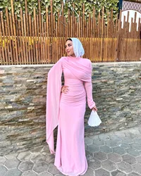 Adeli Elegant Pink Muslim Prom Gown Women's Pleated High-neck Party Evening Dress Floor Length customized Formal Occasion Gowns