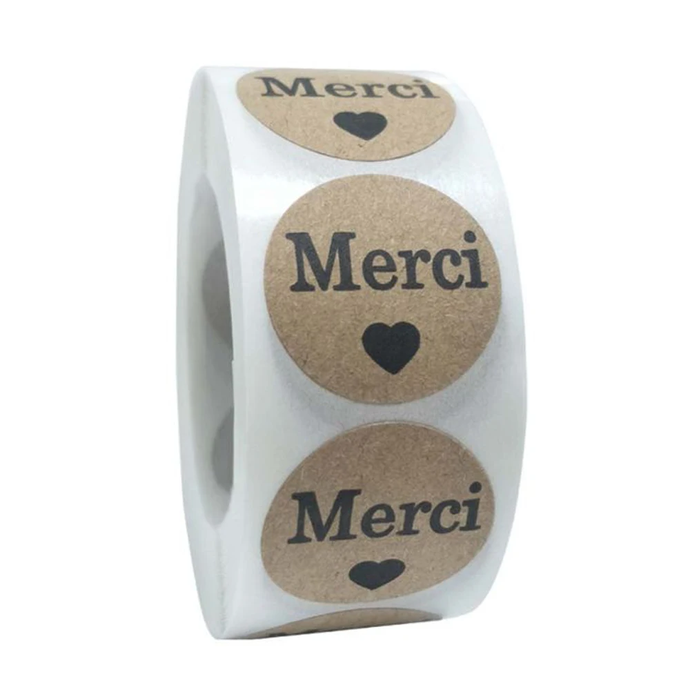 100-500 peças kraft merci francês feito à mão com amor adesivos para pacote 1 polegada obrigado adesivo decoração de cozimento de casamento