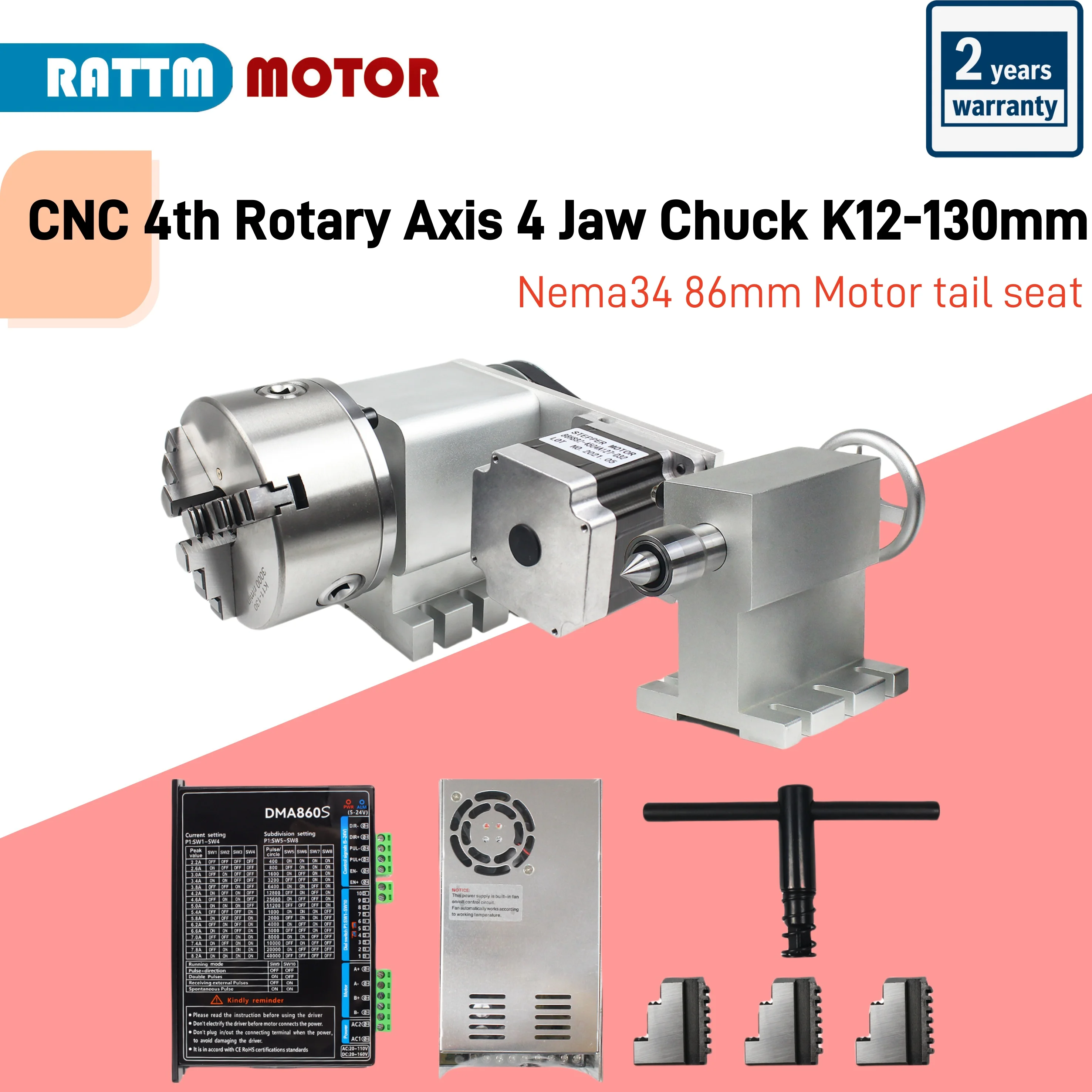CNC 4th A Aixs Rotary Axis 4 Jaw Chuck K12-130mm and Nema34 Closed Loop 86mm Motor tail seat for CNC Milling Router Lathe