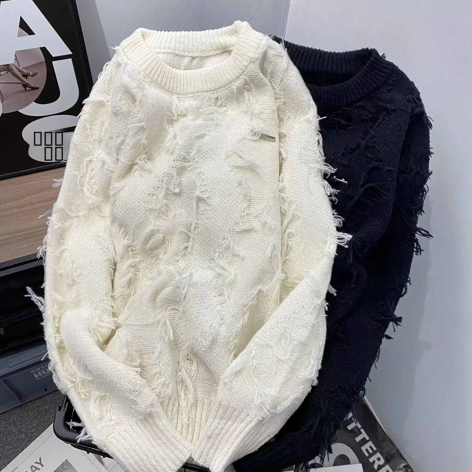 

Мужской вязаный свитер больших размеров на осень-зиму с круглым вырезом и бахромой, однотонный, в корейском стиле, для полных мужчин, вязаная одежда в стиле INS