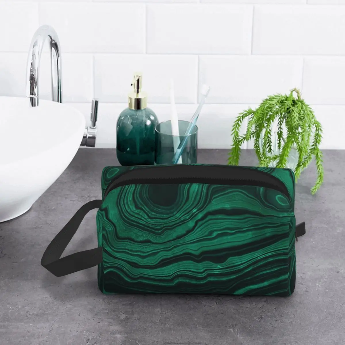 Faux Malachite Green Marble With Light Veins Makeup Bag Cosmetic Storage Dopp Kit Toiletry Cosmetic Bag for Women Beauty Travel