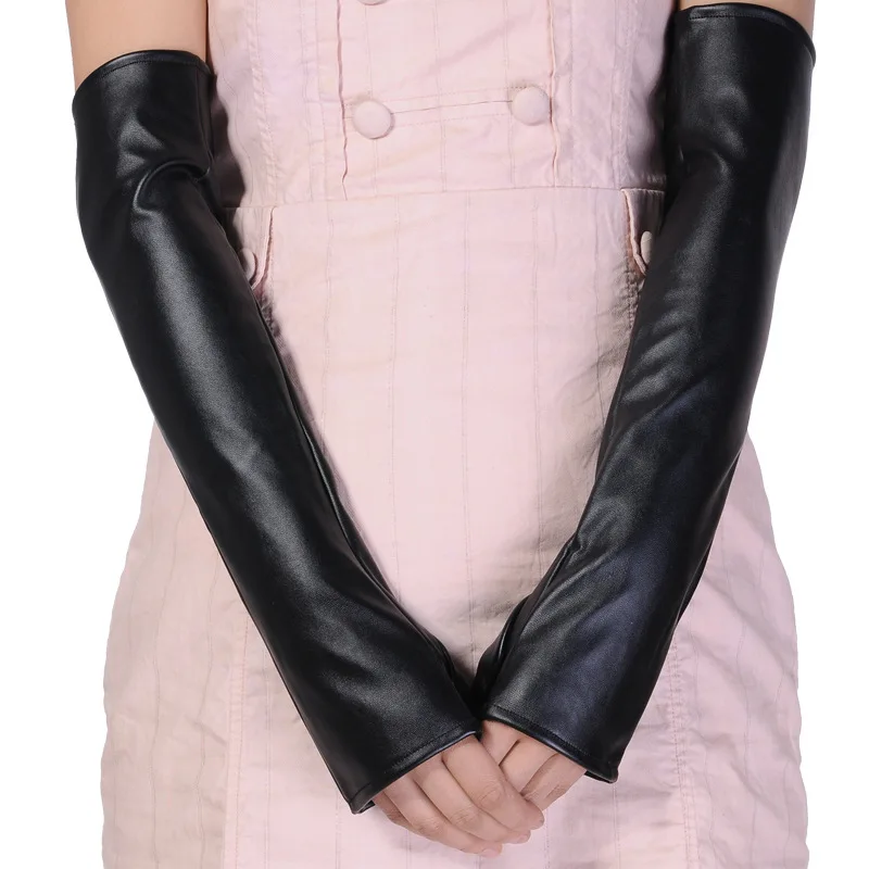 Women Winter Warm Half Finger Arm Sleeve Nightclub Show Touch Screen Mitten Thin Long Fingerless Pu Leather Driving Gloves M36