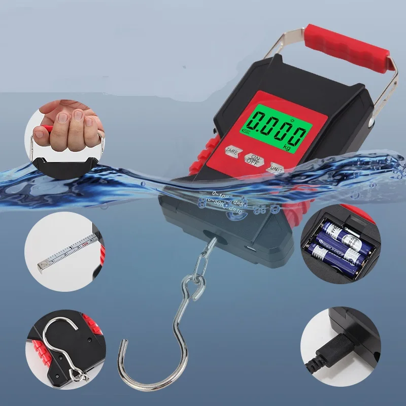 50kg Portable Waterproof Fishing Scale Digital Recharged Hanging Hook Scales For Courier Hunting Luggage Home Weighing 1.5M Tape