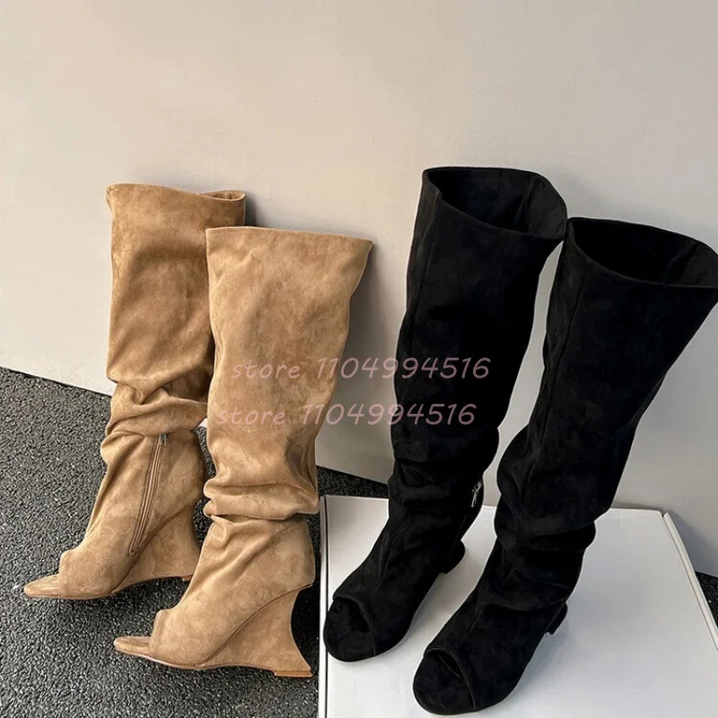 Fretwork Pleated Wedges Knee High Boots Women Side Zip Peep Toe Sandals Summer Cool Shoes Lady Sexy Evening Dress Party Shoes