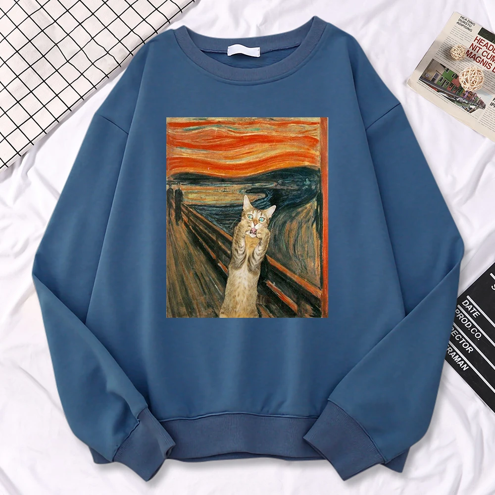 Casual Street Woman Pullover Oil Painting Cat\'S Dusk Print Hoody Comfortable Fleece Sweatshirt Loose Warm Female Sportswears