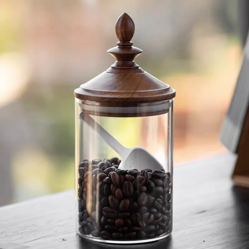 American Style Home Use Coffee Beans Storage Jar High Appearance level Decoration Tea leaves Glass-Sealed Jar Walnut Wood Lid