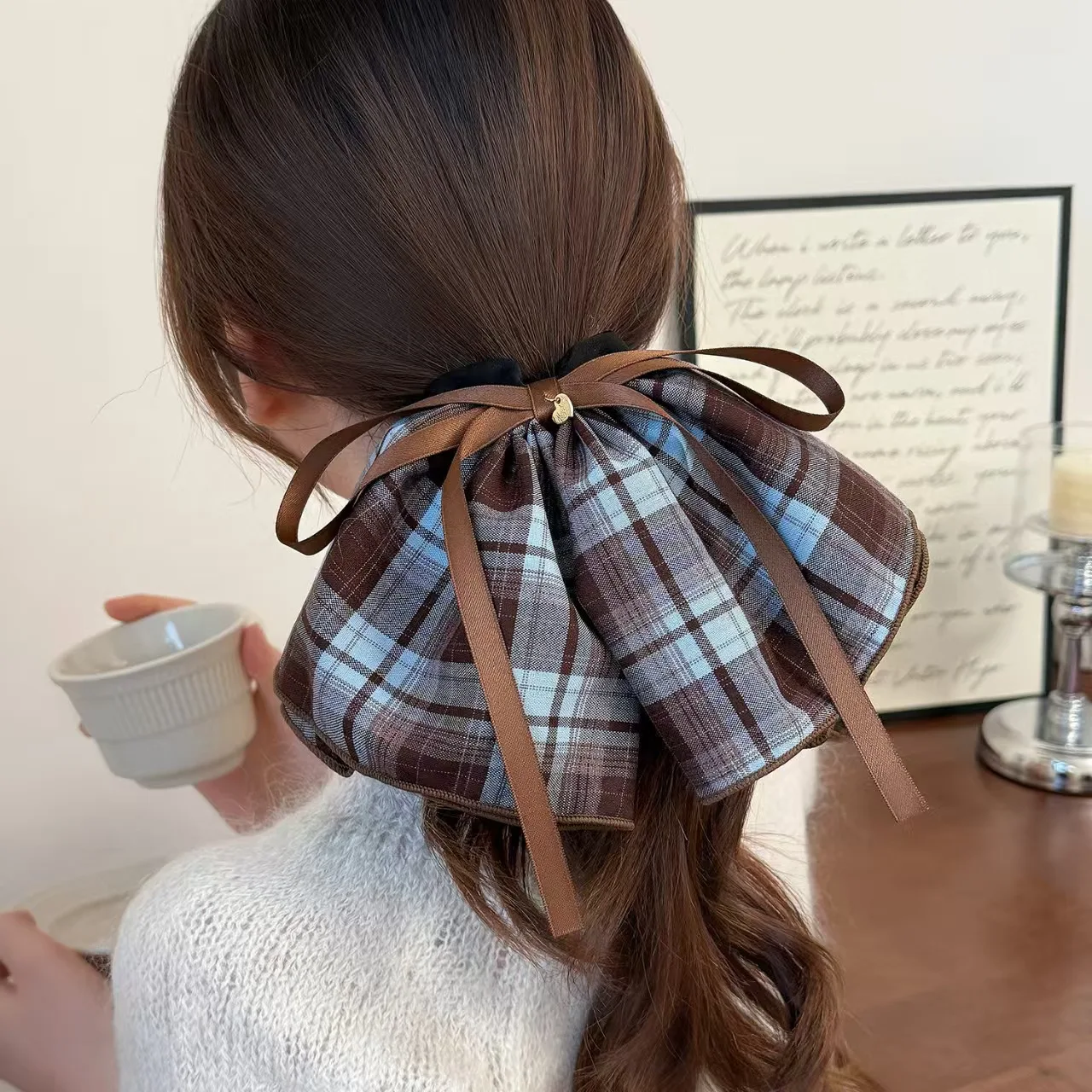 1pc Bogen Band Plaid Rock Große Scrunchie High-End-Pferdeschwanz Haar Krawatte Süße Haar Zubehör Neue Haar Krawatte – Detail 4