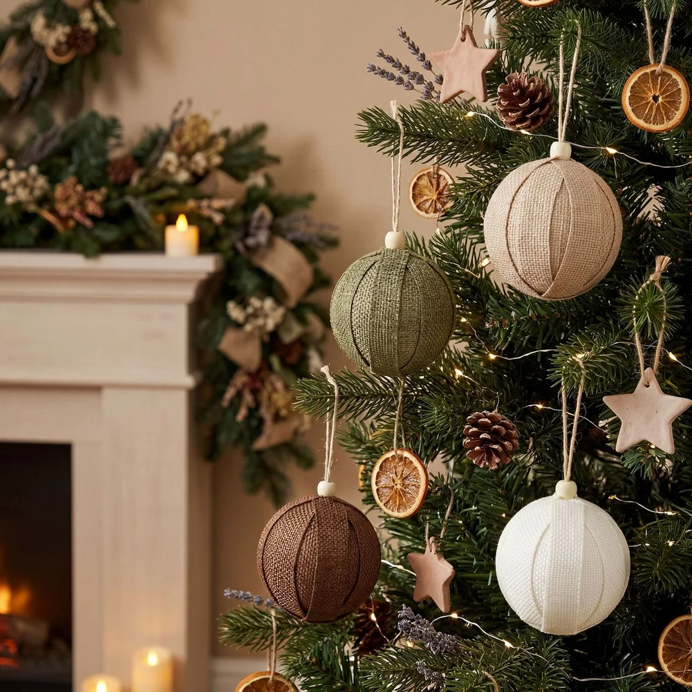 12 Rustic Burlap Christmas Ornament Balls with Foam Core and Linen Fabric for Safe Holiday Decoration All Year