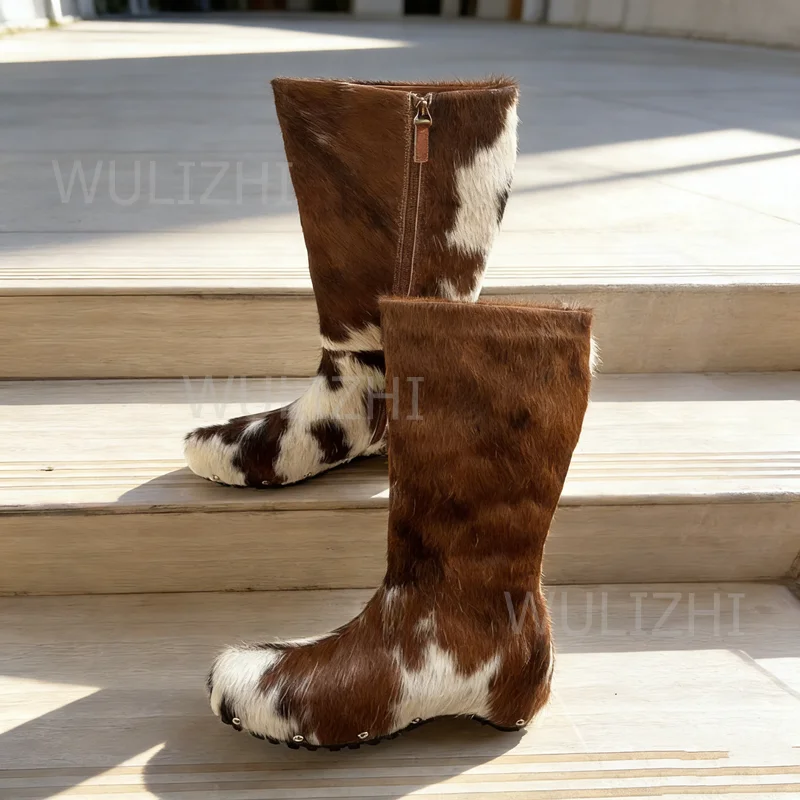 Dark Brown Cow Print White Pony Hair Boots Patchwork Round Flat Knee Casual Street Mixed Colors Graffiti Zip Women Spring Shoes