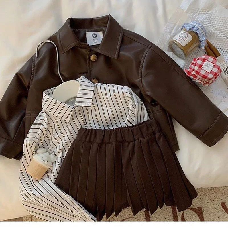 Autumn Spring  Winter Vintage Fur Coat Girl Stripe Shirt+Pleated Short Skirt 3Pcs  Set Kids Jackets Princess Children Outfits